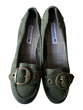 American Eagle — Olive Green Suede Buckle wedge heels - Women's